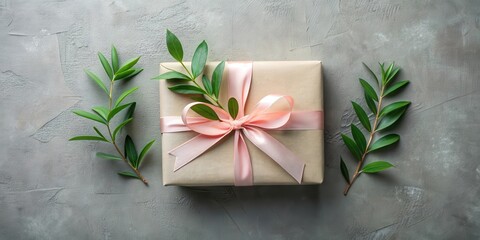 Wall Mural - A thoughtfully wrapped gift, adorned with a delicate pink ribbon and complemented by vibrant green leaves, rests elegantly on a textured gray surface.