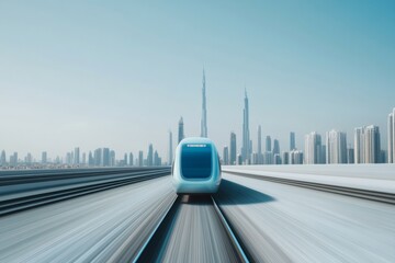 Leinwandbilder - Futuristic Urban Landscape Sleek Metro Rail Through Glass-Clad Skyscrapers - Smart City Infrastructure and Sustainable Transit Solutions for Modern Urban Environments