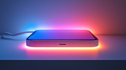 Poster - Smartphone charging with vibrant neon light.