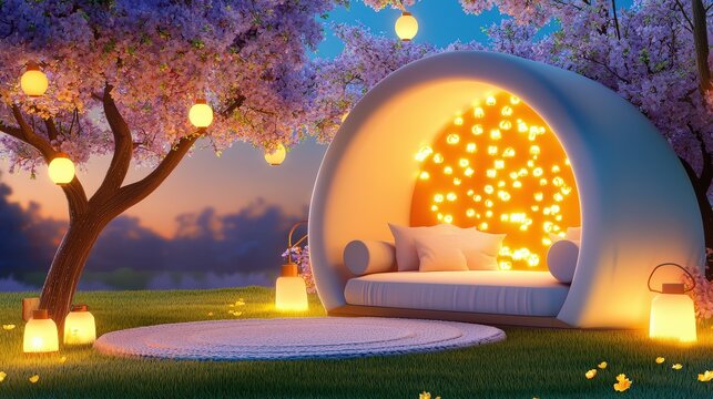 A charming outdoor nook with cushioned seating, a soft rug, and glowing lanterns, creating a cozy atmosphere for reading or enjoying quiet moments.