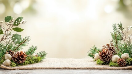 Wall Mural - A charming rustic border made of twigs, pinecones, and moss surrounding a blank space for text on a rough burlap background.