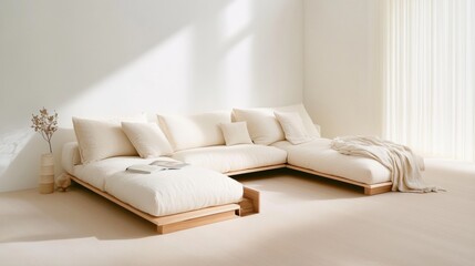 Poster - Minimalist Living Room Design Bright Modular Sofa with Light Wood Elements for Contemporary Homes and Creative Workspaces - Versatile Comfort and Smart Storage Solutions