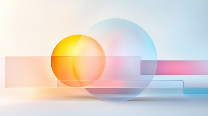 Poster - A minimalist geometric artwork with overlapping translucent circles and squares, utilizing soft pastel colors to create a harmonious yet striking visual effect.