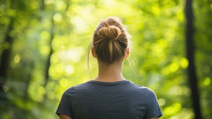 Wall Mural - Woman with Bun in Lush Green Forest Back View