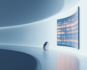 Aufkleber - Curved Smart Screen and AI Speaker in Minimalist Workspace Sleek Interactive Display for Digital Professionals - Enhancing Productivity and Innovative Design in Tech-Driven Environments