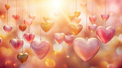 Wall Mural - Golden and rose hearts hanging in soft sunlight, creating a romantic and dreamy ambiance