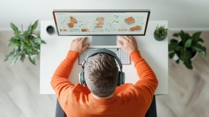 Poster - Future-Ready Workspaces Young Man at Dual Screens in Modern Office with Plants - Digital Volunteering and Remote Communication in Emergency Management