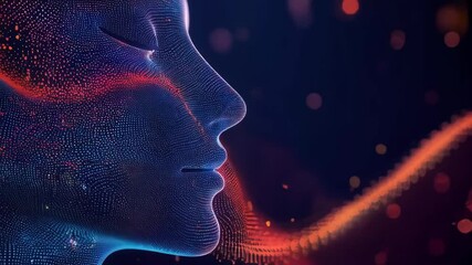 Poster - Futuristic digital face with dynamic neon waves and particle effects