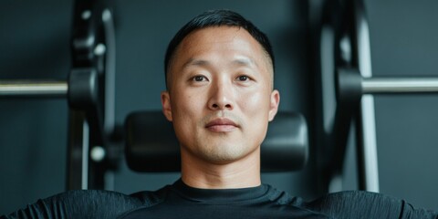 Aufkleber - Empowered Adaptive Fitness Asian Amputee Athlete in Modern Gym Performing Bench Press - Strength Training and Inclusive Sports Equipment for Professional Wellness and Motivation Marketing