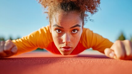 Aufkleber - Empowered Athleticism Determined Young Black Woman in Vibrant Sportswear on Track - Dynamic Fitness Content and Womens Empowerment Branding