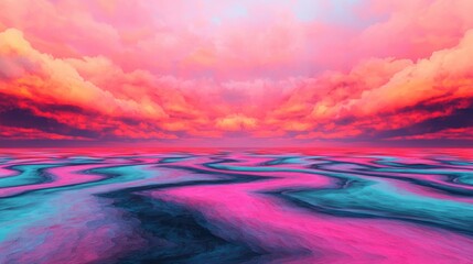 Wall Mural - Dreamlike pink and teal seascape dramatic swirling cloudscape ethereal and vibrant hues