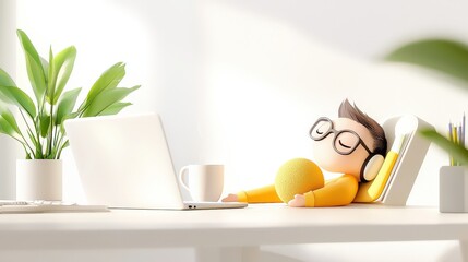 Poster - Coping with Stress: A person sitting at a desk, taking a break with a cup of coffee and a stress ball, surrounded by plants and comfortable work gear, conveying a moment of calm during a busy day.