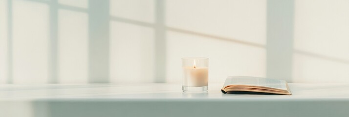 Poster - Minimalist Workspace Inspiration Sunlit White Desk with Open Book and Candle - Enhancing Focus and Tranquility for Modern Home Office and Wellness Ambiance