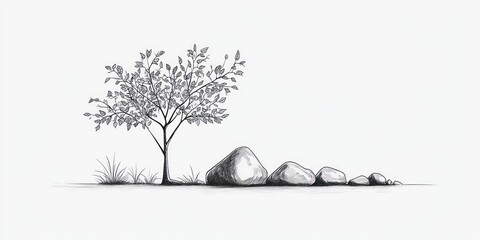 A small tree stands beside several smooth stones