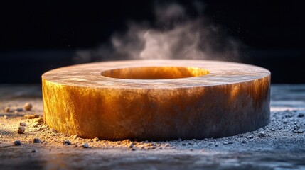 Canvas Print - Golden ring-shaped object, steaming, on dark surface.