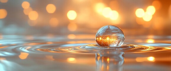 Fototapete - Crystal sphere floating on calm water with bokeh lights.