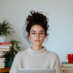 Leinwandbilder - Modern Home Study Haven Young Indian Woman Engages in Digital Exams Amid Cozy Minimalist Setup with Texts, Plants, and Warm Light - E-Learning and Remote Work Empowerment