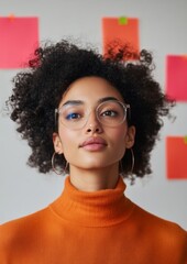 Fototapete - Vibrant Editorial Workflow Stylish African American Woman in Orange Knitwear Amidst Colorful Notes - Enhancing Newsroom Fact-Checking and Accuracy for Digital Journalism Innovation