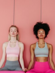 Poster - Minimalist Mindfulness Two Women in Meditation for Modern Wellness - Caucasian and African American Balance and Focus on Pink Yoga Mats for Holistic Health Marketing