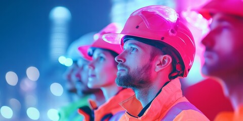 Aufkleber - Contemporary Urban Safety Professionals in Reflective Gear in Neon-lit Cityscape - Crisis Management and Emergency Response for Public Safety Innovation