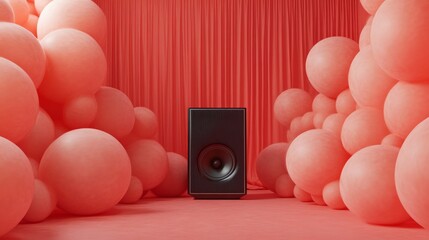 Fototapete - Vibrant Audio Installation Modern Black Speaker in Pink Balloons and Drapes - Event Marketing and Festive Sound Solutions for Immersive Experiences
