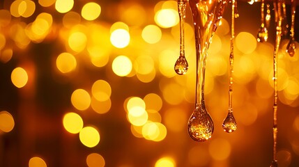 Poster - Raindrops gently falling amidst a backdrop of shimmering golden bokeh lights in a warm, enchanting setting. Generative AI