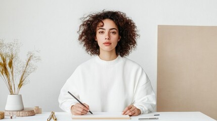 Poster - Minimalist Calligraphy Artistry Young Woman at White Desk with Fine Pens and Paper - Modern Creativity Content for Artistic Education and Aesthetic Branding