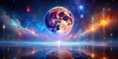 Wall Mural - a celestial sphere hangs above a tranquil ocean, beams of light pierce the clouds, stars glimmer in 