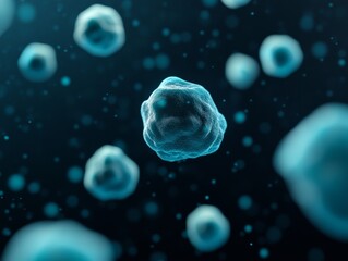 Poster - Viral Microscopy Art Dynamic Blue-Green Virus Particles on Dark Backdrop - Cutting-edge Biotech Visualization for Scientific Content and Medical Innovation