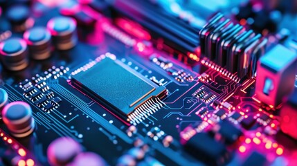Poster - Close-up view of a computer motherboard with vibrant pink and blue lighting. High-tech components are showcased, including a central processing unit, capacitors, and intricate circuitry. 