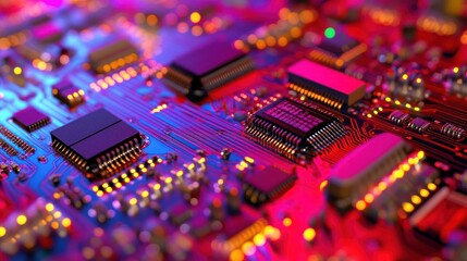 Poster - Vibrant Circuit Board Close-Up: A Detailed View of Integrated Circuits and Microchips