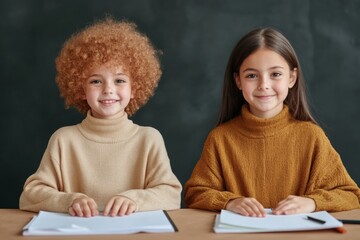 Leinwandbilder - Nordic Minimalist Classroom Young Girls Collaborating with Art Supplies and Books - Social Media Lifestyle and Cross-Cultural Education Content