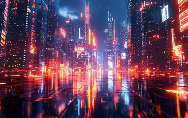 Poster - Cyberpunk city at night, reflecting neon lights on wet street.