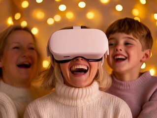 Poster - Cozy Virtual Reality Family Game Night Immersive Experience with VR Headsets in Warmly Lit Room - Enhancing Digital Family Bonding and Modern Entertainment Spaces