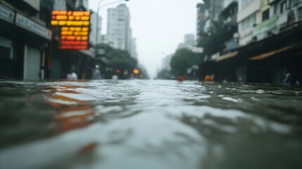 Poster - Urban Flood Resilience Vibrant Neon Reflections on Flooded Indian Street - Environmental Awareness and Climate Adaptation Content for Urban Planning and Sustainability
