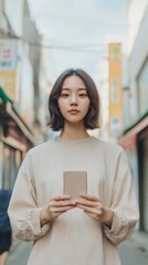 Poster - Seamless Urban Fintech Experience Young Woman Engaging with QR Payments on Textured Streets - Cashless Societys Shift in Korean Retail and Mobile Banking