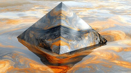Poster - Pyramid reflects in a surreal landscape with swirling orange and gray colors during a tranquil moment at dusk. Generative AI