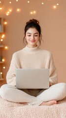 Aufkleber - Warm Aesthetic Coding Scene Teen Girl with Laptop in Cozy, String-lit Room - Digital Learning Content for Modern EdTech and STEM Skill Development