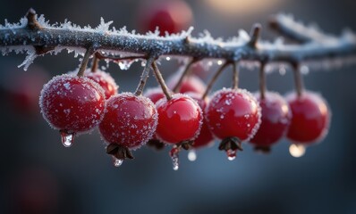 Canvas Print - Frost-covered red berries glistening in sunlight