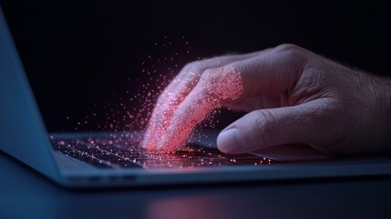 Aufkleber - Futuristic Tech Visual Close-Up of Hands Typing with Holographic Data Graphics on Laptop - Innovation in Digital Marketing and Business Solutions