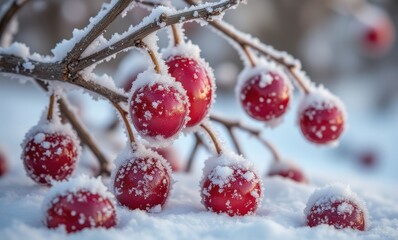 Canvas Print - Snow-covered red berries in winter