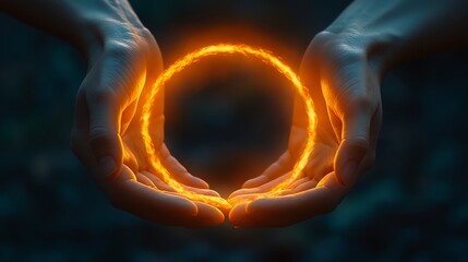 Wall Mural - Fiery Ring of Light Gently Held in Open Hands: Mystical, Warm Artwork