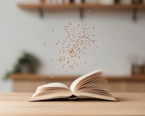 Poster - Ethereal Open Book with Glowing Pages Magical Reading Concept on Rustic Wooden Surface - Educational Stock Imagery for Knowledge Transformation and Self-Improvement Content