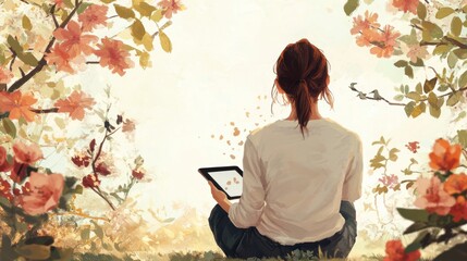 Wall Mural - Woman Reading Tablet in Serene Flower Garden