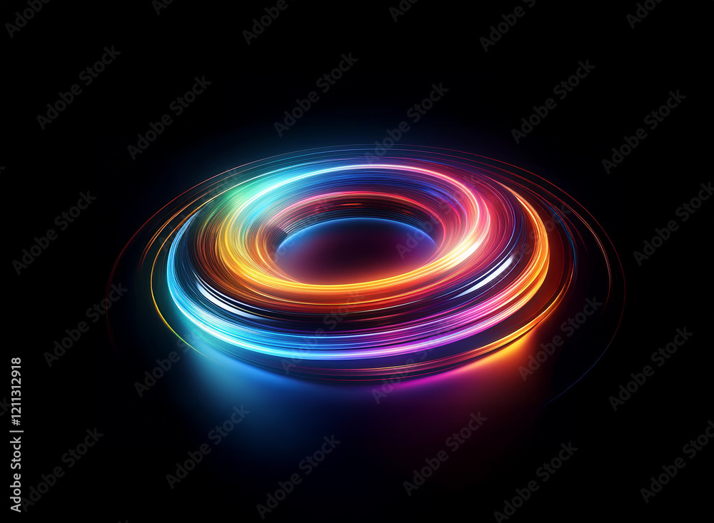 Vibrant, swirling neon rings glow in the dark, creating a hypnotic ...