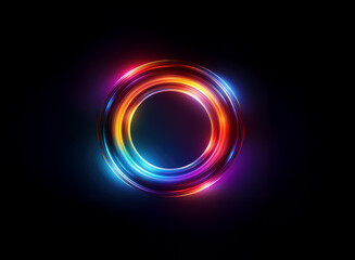 Wall Mural - vibrant, glowing concentric circles of rainbow hues on a black background. the inner circle is dark,