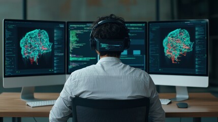 Poster - A person sits at a desk with three monitors displaying brain data and code, wearing headphones, engrossed in data analysis or programming.