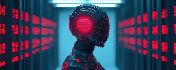 Poster - A futuristic robot with a glowing red interface stands in a corridor lined with data servers, highlighting themes of technology and artificial intelligence.