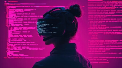Poster - A person wearing a VR headset against a backdrop of glowing code, embodying a futuristic and digital atmosphere.