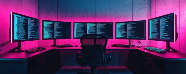 Poster - A modern workspace featuring multiple monitors displaying code, illuminated by vibrant pink lighting, creating a high-tech and immersive atmosphere.